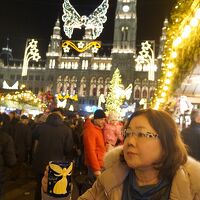 中欧４か国周遊のツアーをクリスマスマーケット巡りとして楽しむ。（10）市庁舎と旧市街のマーケットを巡り、グリーヒェンバイスルでディナー。