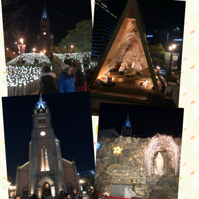 クリスマスの明洞大聖堂は、いつものライトアップに加え<br />キリスト生誕の馬小屋や クリスマスマーケット。<br />街中の煌びやかなイルミネーションとは違って<br />厳粛な雰囲気でした。<br />