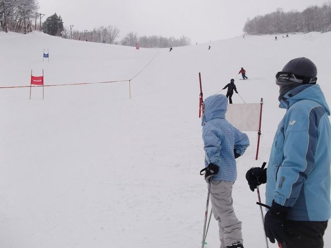 ほぼ１ヶ月ぶりのスキー、白馬に。社会人１年生の長男と大学生の末娘とです。<br />東京や北海道は猛烈な寒波襲来だそうですが、白馬は曇か小雪のスキー場としては普通の天気。<br />前半は五竜・47。数日前に雨が降ったそうで、結構ガリっという箇所がありました。アルプス平やルート１の下部は気持ち良かったのでまあまあでしょうか。<br /><br />後半は八方です(娘はここから参加)。天気は相変わらずですが、上部はガスが(&gt;_&lt;)　消去法で北尾根に来ました。北尾根は７年くらい前からパークになってましたが、今年はパークが建設されず、のんびりと何回か滑りました。<br />お昼の後、天気が良くなったようなので、ゴンドラでパノラマからパノラマ下に(タイトル画像)。結構な急斜面ですが、娘がすいすいと(^o^)　私より上手かも？(笑)<br />ただ３連休なのでかなりの混雑、もう少しマイナーなスキー場にすべきだったと後悔しています。八方や五竜を甘くみてました(苦笑)<br />最終日、天気は相変わらず小雪ですが、ガスは取れて、スキー場としてはまずまずの天気。人出も昨日の半分くらい!?<br />パノラマからパノラマ下や黒菱からスカイラインなどを滑りました。だんだん雪が強くなってきたので、昼すぎ終了。<br />街の蕎麦屋でランチ。ゲレンデ食堂に比べると何を食べてもお得に感じます(笑)<br />白馬駅から三方に別れて帰途につきました。晴天で大絶景がなかったのは残念ですが、悪天候でもなかったので、まあまあのスキーでしょうか？　こうして一緒に滑れるのはあと何回!?