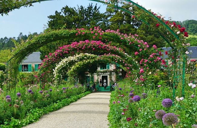 6月 8日(金)<br />晴れ時々曇り<br />フランス・ドライブ 3,236km - #28 : ジヴェルニー、モネ 2つの庭園です。フランス国鉄のストライキのため、全行程、レンタカーでの移動となった今回の旅。モネの邸宅を見学後、「花の庭園」と「水の庭園」、2つのお庭を散策します。特に「水の庭園」は、モネが日本を愛したことが伺える庭園でした。<br /><br />2015年の旅行記(下記)を、併せて見ていただければ幸いです。<br /><br />パリ~ノルマンディ・ドライブ #14 - ジヴェルニー、モネの家と庭園①<br />https://4travel.jp/travelogue/11060861<br />パリ~ノルマンディ・ドライブ #15 - ジヴェルニー、モネの家と庭園②<br />https://4travel.jp/travelogue/11063765<br /><br />表紙の写真は、ツル薔薇のアーチが連なるモネの邸宅前の「花の庭園」です。素敵ですねぇ!庭師が手入れしているので、道の両側には色とりどりのお花が植えられていました。<br /><br /><参考サイト><br />ジヴェルニー - フランス - France.fr<br />https://jp.france.fr/ja/normandy/article/47657<br />ジヴェルニー | Giverny | BonVoyage<br />http://www.bonvoyage.jp/villages/giverny/<br />モネの家 - Fondation Claude Monet<br />http://fondation-monet.com/ja/giverny-3/モネの家/<br />ジベルニー「モネの家と庭園」行き方・入場料・情報ガイド |Jams Paris<br />https://jams-parisfrance.com/info/giverny_claudemonet/<br />モネの家編:モネの庭園自体が、天才芸術家の作品だった!?<br />https://asm.asahi.com/article/11812378<br /><br />以下、フランス・ドライブ 3,236km の7泊9日の旅程です。<br /><br />6/01 (金) 羽田 22:55 発 AF293 → パリCDGへ<br />6/02 (土) パリCDG 04:30 着<br />(AVISレンタカー シトロエン ディーゼル車)<br />パリCDG → オーセール(198km、1時間52分)<br />□ #1 https://4travel.jp/travelogue/11369048<br />オーセール → ヴェズレー (50km、50分)<br />□ #2 https://4travel.jp/travelogue/11371707<br />ヴェズレー → ボーヌ (118km、1時間7分)<br />□ #3 https://4travel.jp/travelogue/11372987<br />ボーヌ → リヨン泊(156km、1時間23分)<br />(当初、パリCDG→リヨン間は、TGVで2時間)<br />6/03 (日) リヨン<br />□ #4 https://4travel.jp/travelogue/11374939<br />リヨン → アヌシー (138km、1時間28分)<br />□ #5 https://4travel.jp/travelogue/11376396<br />□ #6 https://4travel.jp/travelogue/11377504<br />アヌシー → クレルモン・フェラン泊(303km、2時間46分)<br />□ #7 https://4travel.jp/travelogue/11381443<br />6/04 (月) クレルモン・フェラン <br />□ #8 https://4travel.jp/travelogue/11387180<br />クレルモン・フェラン→ ミヨー橋 (225km、2時間)<br />□ #9 https://4travel.jp/travelogue/11389035<br />→ モンペリエ空港 (AVISレンタカー 車両交換、フィアット ガソリン車へ)→ アルビ泊<br />(ミヨー橋からコンク訪問は、翌日リベンジ) <br />6/05 (火) アルビ<br />□ #10 https://4travel.jp/travelogue/11394021<br />アルビ → コルド・シュル・シエル<br />□ #11 https://4travel.jp/travelogue/11394577<br />コルド・シュル・シエル → コンク <br />□ #12 https://4travel.jp/travelogue/11397944 <br />□ #13 https://4travel.jp/travelogue/11400330 <br />コンク → アルビ<br />□ #14 https://4travel.jp/travelogue/11403061<br />アルビ → トゥールーズ泊 (75km、42分)<br />(コンク リベンジのため、カルカソンヌは割愛)<br />6/06 (水) トゥールーズ<br />□ #15 https://4travel.jp/travelogue/11403737<br />トゥールーズ → サン・シル・ラポピー<br />□ #16 https://4travel.jp/travelogue/11410817 <br />□ #17 https://4travel.jp/travelogue/11414984 <br />サン・シル・ラポピー → 力オール(27km、30分)<br />□ #18 https://4travel.jp/travelogue/11415519<br />カオール → ロカマドール(60km、44分)<br />□ #19 https://4travel.jp/travelogue/11423499<br />ロカマドール → ラ・ロック・カジャック(53km、48分)<br />□ #20 https://4travel.jp/travelogue/11424215<br />ラ・ロック・カジャック → サンテミリオン<br />□ #21 https://4travel.jp/travelogue/11429229<br />サンテミリオン → ボルドー泊<br />6/07 (木) ボルドー<br />□ #22 https://4travel.jp/travelogue/11433073<br />□ #23 https://4travel.jp/travelogue/11440513<br />ボルドー → シャンボール城(ロワールの古城)<br />□ #24 https://4travel.jp/travelogue/11443941<br />シャンボール城→シュヴェルニー城 <br />□ #25 https://4travel.jp/travelogue/11443953<br />シュヴェルニー城→ パリ泊<br />(当初、ボルドー→パリ間は、TGVで2時間)<br />6/08 (金) パリ→ジェルブロワ<br />□ #26 https://4travel.jp/travelogue/11449377<br />ジェルブロワ→ジヴェルニー<br />□ #27 https://4travel.jp/travelogue/11455613<br />■ #28 https://4travel.jp/travelogue/11461637<br />ジヴェルニー→パリ泊<br />6/09 (土) パリ→ヴォー・ル・ヴィコント城→パリ→パリCDG空港<br />空港前で満タン給油後、AVISレンタカーへ返却<br />パリCDG 17:20 発 AF272 → 帰国の途へ<br />6/10 (日) 12:15 羽田着<br /><br />フランス国鉄のストライキのため、全行程、レンタカーでの移動となった今回の旅。走行距離 3,236km に渡る半端ない長距離運転になってしまったのに加え、途中、ミヨー橋のサービスエリアでエンジンがかからなくなり、整備工場までレッカー移動。何とかエンジンはかかるようになったものの、別の車両上の大問題が発覚し、結局、シトロエンからフィアットへの車両交換となり、半日、潰れ。。。旅のスケジュールがガタガタになり、散々な目に遇いました。<br /><br />でも無事、帰国できたので、何よりです。