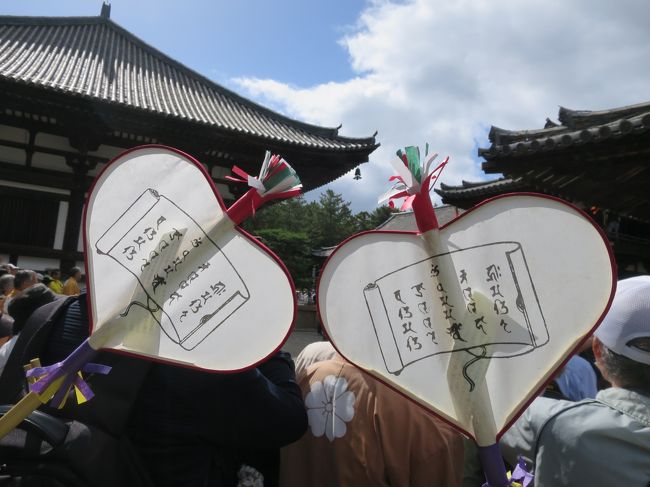 毎年５月１９日に唐招提寺で行われる中興忌梵網会（うちわまき）に参加しました。鎌倉時代に戒律を復興した大慈悲薩覚盛上人の法要後に楼上からハート型の宝扇がまかれます。事故が多いので整理券を持っている人のみの参加となっているので安全です。次の日は平群町から信貴山にお参りしました。お天気にも恵まれたありがたい旅でした