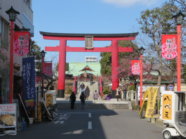 江東区亀戸周辺の食べ歩き（亀戸餃子・船橋屋）と神社巡り（亀戸香取神社・小村井香取神社・亀戸天神）をしながら散策しました。<br /><br />JR総武線・東武亀戸線の亀戸駅・駅ビルアトレ前から歩きました、アトレ隣旧丸興横を歩いて「亀戸餃子」に、11時開店なのでちょっと前に着きましたが行列が出来ていました、開店と同時に入店出来ました、ちょっと待って食べることが出来ました、私の好みの味、満足して食べました、お店を出て明治通り沿いを歩いて観光案内所と物産販売所がある「亀戸梅屋敷」で休憩をしました、再び明治通りを歩いて「亀戸香取神社」に亀戸七福神、スポーツの神様、亀戸大根で知られた神社です、参拝後は旧梅屋敷跡前を歩いて「小村井の香取神社」に、丁度梅まつりが行われていて多くの人がいました、境内で甘酒を飲んだりしてゆっくりしました、参拝後は東京スカイツリーが良く見える北十間川沿いを歩いて十間橋に行き見ました。<br /><br />スカイツリーを遠くから見た後は蔵前橋通りを歩いて梅まつりが行われていた「亀戸天神」境内に、参拝者が多く来ていた境内をすこし歩きました、散策参拝後が食べる目的の「船橋屋」に入りくずもちなど食べて休憩をしました、船橋屋からは出発した亀戸駅前に戻りました。<br /><br />＊今回の散策は亀戸周辺に詳しいいつも夏に台北での食事会で会うMidxx.さんの案内で歩きました、仲間のやるやんさん、しどにぃさん、まっつんさんも一緒で5人で楽しみました。<br />