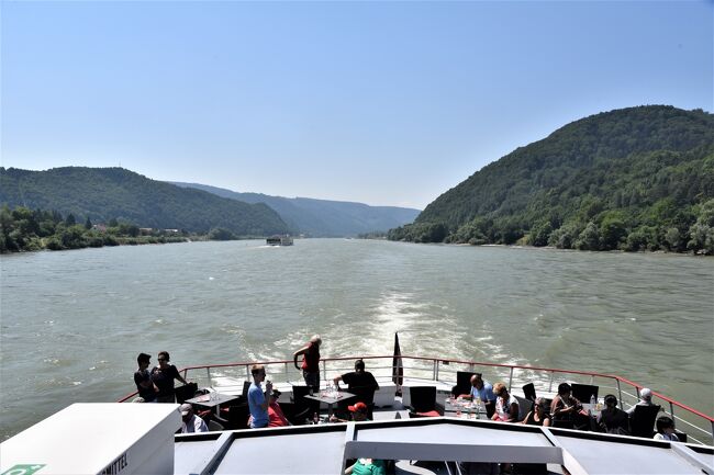 旅程<br />1.オ-ストリア旅行最初はメルク・ヴァッハウ渓谷の電車と遊覧船の周遊券のコンビチケットをウィ-ン西駅の窓口で購入して、ウィーンからメルクへ電車で移動。<br />2.マリ-・アントワネットが結婚でパリへ行く途中に寄ったメルク修道院を見学。<br />3.ドナウ川遊覧船でメルクからデュルンシュタインまで移動し街歩き。<br />4.同じコンビチケットの券で再び遊覧船でクレムスへ。<br />クレムス船着場から通行人に道を尋ねて1.6km位徒歩でクレムス駅迄。<br />5.クレムス駅から電車でウィーンへ戻りクラシックの音楽家の彫刻の肖像を見にウィ-ン市立公園へ行った。<br />感想<br />1.メルク修道院の高台からのドナウ川の景色は美しく、付属の図書館はウンベルト・エーコが1980年に発表した小説で映画化された「薔薇の名前」の図書館のモデルとなっていて見る価値がある。<br />付属の教会の内部は豪華で必見。<br />2.ドナウ川は青くなかった、濃い緑で美しき青きドナウではなかった。<br />3.デュルンシュタインの街で試飲できるワイン店へ行った。その店の酒好きそうなマダムは英語で話しかけても返事は全てドイツ語、閉口したが有料で飲んだリ-スリングと地産のブドウ品種の白ワインはとても美味しく二本ともお土産に買った。買ったワインは40ユ-ロ位。<br />4.ウィ-ン市立公園へ行くまでの地下鉄は冷房なし、ウィ-ンは涼しいと思っている人がいるかもしれないが初夏は日本と同じく蒸し暑いので要注意。夕方でも日が落ちないので体感温度は35度以上が午後8時頃迄続いた感じで疲れた。<br />初日泊まったホテルには冷房はなく扇風機が置いてあった。<br /><br />画像はドナウ川クル-ズの遊覧船から<br /><br />旅程表<br />■ 7/2(木) ウィ-ン泊 <br />午前 日本航空(JL413便)成田空港→フィンランド ヘルシンキ空港<br />夕方 乗継ぎ フィンエア共同運行日本航空(JL6837便)→ウィ-ン空港 <br />■ 7/3(金) ウィ-ン泊<br />午前 メルク修道院、ドナウ川クル-ズ :メルク→ デュルンシュタイン <br />午後 デュルンシュタイン 観光,クレムスへ遊覧船で移動<br />夕方 ウィ-ン市立公園 <br />□ 7/4(土) ザルツブルク泊<br />午前 ウィ-ンからザルツブルクへ移動<br />午後 ザルツブルク旧市街観光 <br />□ 7/5(日) ウィ-ン泊 <br />午前 レオポルツクローン宮殿,フローンブルク宮 殿, ミラベル広場 <br />午後 ザルツカンマーグート観光 <br />7/6(月) ウィ-ン市内観光: ウィ-ン泊<br />□ 午前 ザルツブルクからウィ-ンへ移動 <br />□ 午後 美術史美術館、<br />□ ホ-フブルク宮殿、聖ペーター教会、夜 楽友協会ホール <br />□ 7/7(火) ウィ-ン市内観光: ウィ-ン泊<br /> 午前 シュテファン寺院、ウィ-ン国立歌劇場<br /> 午後 ベ ルヴェデ-レ宮殿<br /> 夕方 シェ-ンブルン宮殿<br /> 7/8(水) 機内泊<br /> 午前 フィンエア共同運行日本航空(JL6836便)ウィーン空港発<br /> 午後 フィンランド ヘルシンキ空港 乗継ぎ 日本航空(JL414便)<br /> 7/9(木) <br />午前 成田空港着<br /><br /><br /><br />