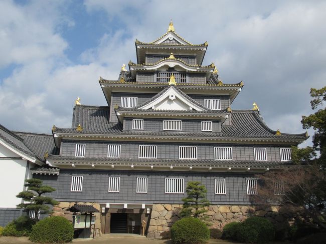 川面に映える漆黒の美しい岡山城天守内部を見学します。<br />昭和41年(1966年)の再建なので鉄筋コンクリート造りでエレベーターまであるのですが、天守からの眺めは圧巻。<br />お城の中の茶店でランチ。岡山県出身の歴史家、磯田道史さんの岡山城解説ビデオがとてもわかりやすくて1時間も見てしまいました。<br />