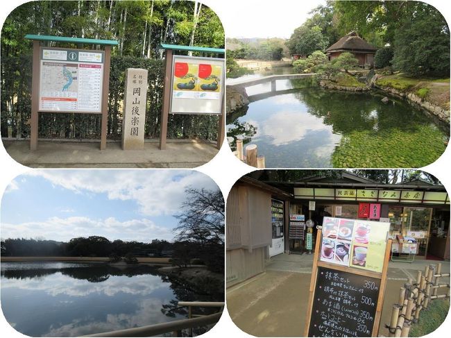 岡山後楽園は今から300年以上前に岡山藩主の池田氏によって作られた大名庭園(日本庭園)です。<br />岡山城からは旭川を渡った対岸に作られており、後楽園からの岡山城の眺めもまた素晴らしいものがありました。<br />日差しに恵まれて温かかったこの日、美しい庭園を散策し、茶店で抹茶と名物きび団子を頂き、まったりとした時間を過ごします。