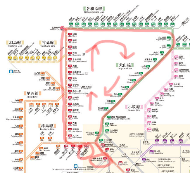 西枇杷島駅からスタートして岐阜までいって名鉄名古屋駅にもどって190円の合法ルート、見つけ♪大回り