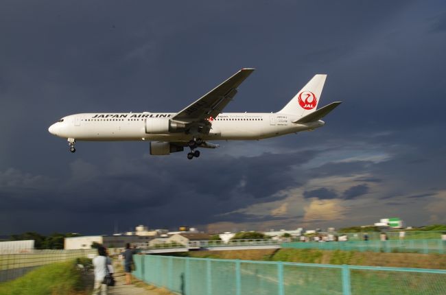 2018年8月に神戸に行きました。<br /><br />ここでは前回(→ https://4travel.jp/travelogue/11486691 )からの続き、3日目の旅行記になります。<br />灘の酒造を見て、一路大阪へ。<br />この日泊まるホテルに荷物を置いたのちに、伊丹空港着陸の撮影スポットの千里川土手へ向かいました。<br />公共交通ではなかなか行きにくい場所ですが、阪急曽根から一日数本のバスに乗ることができ、比較的容易に向かうことができました。<br />訪れてみるとたくさんの人が。<br />着陸する航空機が目の前で見えびっくりしました。<br /><br />【行程】<br />住吉→JR→大阪<br />梅田→阪急→三国<br />三国→阪急→曽根<br />曽根(16:12)→阪急バス・クリーンランド線→原田下水処理場前<br />原田下水処理場前→阪急バス→阪急曽根駅<br />