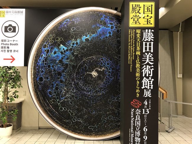 奈良国立博物館で開催されている、藤田美術館展に行ってきました。<br />昼食後、奈良へ。<br />近鉄奈良駅を出て右へ。<br />登大路には数多くの鹿がいて、歩道にも出てきています。<br />鹿への注意書き看板も有りますが、なんとなくの共存共栄感があり、ほのぼのした感じです。<br />鹿せんべいを持っている人の所にはどんどん寄ってきていて、皆が写真を撮っていました。<br /><br />興福寺の建物に向かう小路が右に。<br />そこから斜めカットの状態で国立美術館へ。<br />館内に入り二階へ。<br />様々な茶椀や棗などを眺め、曜変天目茶碗のコーナーは金色の太いロープでの仕切りの列へ。<br />暗いブースの中、曜変天目茶碗の間際までくねくねとした列を動き、すぐ近くまで。<br />四方ガラスの中に、上からの柔らかい光を受けながら、静かにたたずんていました。<br />茶碗のまわりをぐるりと360度回りながら見ることができます。<br />手のひらにほっこりと納まる茶碗は、まさに茶碗の中の宇宙。<br />天からの小さなスポットを受け、微細な金が散らばる中にきらめく昴の青の変化の美しさ、泡めく銀河の世界が器の中に広がり、見事としか言いようのない姿です。<br />居並ぶ列を考えれば、そう長くも見つめていられず、ブースから出て。<br />順路通りに行けば絵巻物のコーナーから次なる二部の方へ。<br />その手前にある、曜変天目茶碗のNHK6分ビデオコーナーも多くの人が座って、つい今しがた見た茶碗の美しさを再度と、見つめていました。<br /><br />二部は立像や画円柱、掛け軸などが並びますが。<br />圧倒的な曜変天目の美しさの余韻の中では、一部・二部共に、国宝である素晴らしい品々も存在感が弱くなる感じで。<br /><br />実は曜変の美しさに魅せられて、他の品々を見ていても頭の中は曜変のあの色合いの素晴らしさでいっぱいで。<br />行くなら空いている平日にと来ましたが、タイミングで列が短い時に、結局6回も並びなおして見てしまいました。<br />眺めながら、10回20回並んでも見飽きることがなく、きりがないだろうなと。<br />ほつくりと手に持っていたら、中も外も、10時間、いえ一日中眺めていても飽きないだろうな。<br />朝の光の中で見る姿、真昼に見る姿、夕暮れに見る姿、夜の人工光の下での姿、春の柔らかな日差しの時、夏の強い光の中、秋の穏やかな日の中、冬の冷たくもきりりとした光の中、1日のうちでも、四季折々の中でも、いつ見ても違う美しさを魅せてくれる。<br />まさに茶碗界の天皇陛下、皇帝、モナ・リザという感じです。<br />これを作った人がいるのだ・・・・そんな器でした。<br />世界に3品のみという曜変天目茶碗。<br />京都、大徳寺龍光院 東京、静嘉堂文庫美術館(稲葉天目)のも写真でありましたが、実物を見たということもありますが、やはり大阪、藤田美術館の天目が一番美しい、そう思いました。<br />藤田美術館の修復が完成したら、また一般公開してもらえるのだろうか。<br />その時にはまた是非見に行きたい。<br /><br />外は雨になっていて、お土産コーナーから地下階段を下りれば、仏像観まで雨にぬれずに行くことができます。<br />駅までの道には鹿たちも、雨で人通りが少なくなった中、のんびりと過ごしていました。<br />素晴らしい国宝を見ことができて、幸せな日でした。<br /><br />
