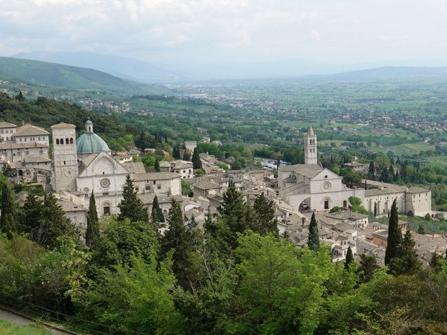 2019年のGW。行きたかったツアーは催行中止か満席で、なんとか中部イタリアの旅に滑り込み。ローマから、アッシジ、サンマリノまでの小さな街を巡りました。<br /><br />その8は、自由行動時間にさまよい歩いたアッシジ。まずはサン・フランチェスコ聖堂に2度目(下の教会は3度目)の入館、聖堂売店で買い込んだお土産物をホテルに置いてから、アッシジの街歩きを再開。<br />前半のドゥオモからロッカ・マジョーレの塔に登るまでの記録です。<br /><br />・サン・フランチェスコ聖堂<br /> 下の広場、中のッキオストロ、売店と売店で買ったフレスコの写真<br />・アッシジをさまよい歩く<br /> エスポスティ通り<br /> ポルティカ通り<br />・コムーネ広場では、翌日のカレンディマッジョのリハーサル中<br />・ドゥオーモ(サン・ルフィーノ教会)<br /> ファサード<br /> 内部とクリプト、美術館<br />・ロッカマジョーレへ<br /> 上からの眺望<br /><br />表紙写真は、ロッカ・マジョーレのテラスから見たアッシジの街。サンタキアーラ教会とドゥオモ。
