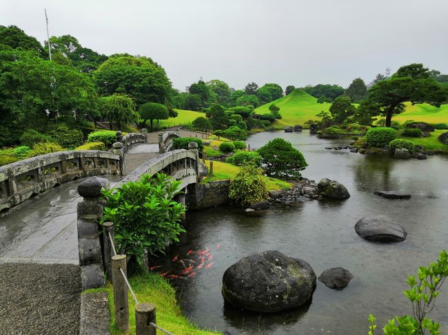 昔、水前寺公園に行った。<br />しかし、記憶は全くなし。<br />空港からのバスで通って　見えないけど　大したことがないような気がした。<br />名前は良く聞くので　有名な公園<br />1度は　行くのを止めようと思ったが　観光3日目　見たい所もないので　行く事にした。<br />雨で　歩き回るのも大変。<br />空が灰色だけど　雨の庭園も　しっとりしていた。<br />期待していなかったが　以外と良かった。<br />やはり、期待していない方が　良いと感じるものだ。<br /><br />水前寺公園の正式名称は水前寺成趣園（すいぜんじじょうじゅえん）と言い、熊本藩の藩主・細川忠利が1636年（寛永13年）頃から築いた桃山式回遊庭園の大名庭園。<br />国の名勝および国の史跡に指定されている。