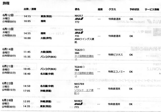 特典航空券で旅行してみました。羽田→福岡→伊丹　関西国際空港→バンコク→名古屋→沖縄→羽田<br />添付の旅程では福岡（14:55）→伊丹（16:00）となっていますが、ダイヤ改正のため、実際には福岡（16:20）→伊丹（17:25）に変更されました。特典航空券の利用ルールには違反となりますが、予約が先であったため、OKとのことでした。