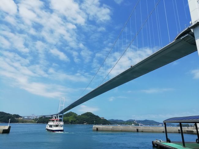 馬島から見る来島海峡第三大橋♪単径間2ヒンジ補剛箱桁吊橋♪波止浜港～来島～小島～馬島を結ぶフェリーくるしま♪2019年７月しまなみ海道徘徊１