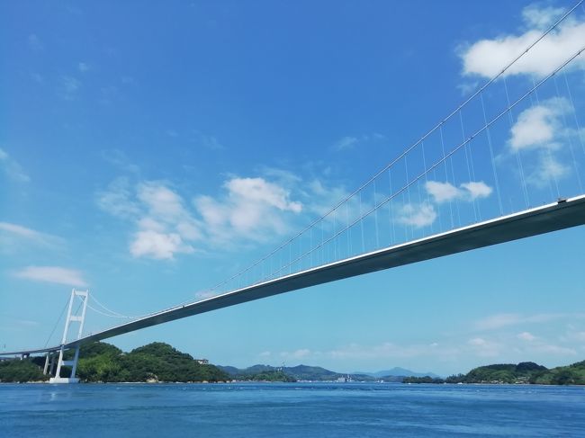 来島海峡大橋の上から見た瀬戸内の絶景♪馬島から見上げた来島海峡第三大橋♪桁下高65m♪ケーブル径636mm♪2019年７月しまなみ海道徘徊２