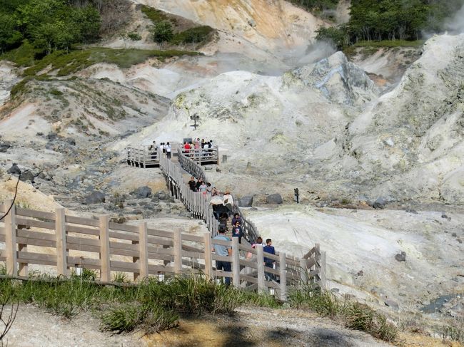 ５日目は登別温泉に行きます<br />今回のランチ付き日帰り入浴は、花鐘亭はなや　で<br />もう一軒、立ち寄り湯　さぎり湯　へも<br /><br />登別と言えば‥地獄谷。<br />さすが！！　アチコチから湯気が‥‥立ちのぼって　地獄って・・こんな・・感じ？？？<br /><br />帰りは、オロフレ峠で休憩。<br />麓からあがって来る霧に覆われた木々と、<br />お日さまと青空に照らされた木々は、<br />何とも不思議な光景です。<br />眼下に見える洞爺湖の中之島も、幻想的です<br /><br />壮瞥(そうべつ)町まで帰ってきました。<br />ここは、果樹園が沢山あります。　丁度さくらんぼの季節<br />ただ‥‥夕方で、どの果樹園も閉まっています。<br />写真だけでもと、ﾊﾟﾁﾘ(^_-)☆<br /><br />今回旅行の楽しみの一つに‥‥本場でジンギスカンを頂くこと。<br />ネットで調べたお店  牛助  に行きます<br />一人前でもかなりの量です。<br />いただき方を教えてもらって　ｳﾏｳﾏ(*^^*)　です<br /><br /><br /><br />　