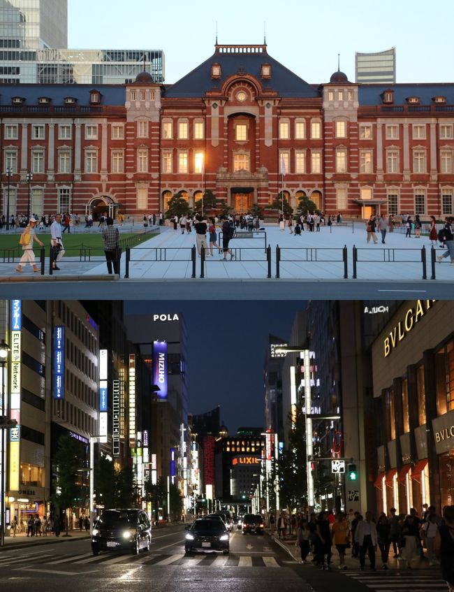 夕暮れの東京駅丸の内駅前広場と銀座通り 2019.8.4<br /><br />例年より10日ほど遅れて7月29日に梅雨明けした関東地方は連日猛暑が続いているが、たまには外出しないと引き篭もり老人といわれてしまいそうなので、日が傾く時間帯を待って都心へ出かけることにした。<br />6月末に12年ぶりに買い換えた一眼レフEOS80Dの試写も兼ねて、コントラストが強すぎて発色と明暗表現が難しい(白飛び・黒つぶれ)日中を避けた面もある。<br /><br />ルートは所沢の自宅から西武池袋線で池袋へ出て、本日の用事の一つであるテーブルマット(ランチョンマット)を買うために西武デパートへ。<br />以前買った7階の家庭用品売り場に見当たらないため、ベテランの店員に訊いたところ、あの店(売り場)はなくなり、ありそうなのは11階のロフト、別館2階の無印良品、東武デパートのニトリの3箇所を教えてくれた。<br />結果的には無印で適当なのが見つかり、3色4枚を買った。1枚はノートパソコン下敷き用である。インド製 綿100% 490円。<br />買い物を済ませた後は、池袋東口の風景の定点観測、丸の内線で東京駅丸の内駅前広場の夕方の風景、再度丸の内線で銀座、銀座通りと周辺の裏通り、数寄屋橋の丸の内線銀座駅から池袋経由で戻った。<br /><br />東京駅丸の内駅前広場にはJRが設置した東京オリンピック開催日時までのカウントダウン時計が設置されていた。<br />平日であれば通勤・通学の人々でにぎわう都心の夕方であるが、この日は猛暑の日曜日の夕方とあって東京駅周辺は閑散とした感じだった。<br />沈む夕日に照らされた赤レンガの東京駅駅舎はほんのり赤みを帯びて、ひときわ美しく見えた。<br />皇居へ向かう行幸通りの街灯にも灯がともり、真夏の宵の景色は暑さを忘れさせてくれる。<br /><br />丸の内線の銀座駅を数寄屋橋交差点の交番の裏の階段から出ると、交差点の斜向かいにあったSONYビルが真新しいビルに替わっていた。<br />HERMESのロゴががあるので、あとで調べたらHERMESビルのようだ。<br />ただし敷地はGinza Sony Park(Googlemaps)である。<br /><br />自動車エンジニアなので通行する車種には関心があるが、黒塗りの箱型のタクシーがとても多く目に付いた。トヨタのタクシー(トヨタ・ジャパンタクシー)で、東京オリンピックのエンブレムが描かれているのが多かった(ほとんど)。<br /><br />日曜日のため銀座の裏通りの飲食店にも客の出入りはまったく目立たず、銀座通り(六丁目)銀座シックスの交差点付近では中国語の会話が目立つ程度だった。<br /><br />夕食は晴海通りの歌舞伎座方面へ2区画先を右に入った店で好物のとんかつを食べた。桜島美湯豚(びゆうとん)の厚肉ロースかつは二重丸だった。<br /><br />数寄屋橋交差点まで戻り、ソニースクエアの水族館のような水槽を泳ぐ魚を見学してから丸の内線・西武池袋線で帰宅した。<br /><br />EOS80Dの試し撮りが目的でしたので、画像の明るさや色合いなどの修正はせずに掲載しました。<br />4時間あまりの都心の街歩きにお付き合いいただき、ありがとうございました。<br />猛暑がしばらく続くようですが、日差しが弱くなる夕方以降は歩きやすくなりますので、高齢の方も心配せずにお出かけください。<br />歩いた後のビールの味は格別です。<br /><br />撮影<br />Canon EOS80D EF-S18-135 1:3.5-5.6 STM<br />画像サイズM 3984×2656ピクセル(1,058万画素)<br /><br />画像をクリックすると2倍に拡大でき(横画像のみ)、→キーで手動スライドショーがご覧いただけます。<br /><br />参考旅行記<br />新丸ビルの写真を多数掲載した旅行記<br />丸の内 超広角の世界 <br />https://4travel.jp/travelogue/10772820<br />