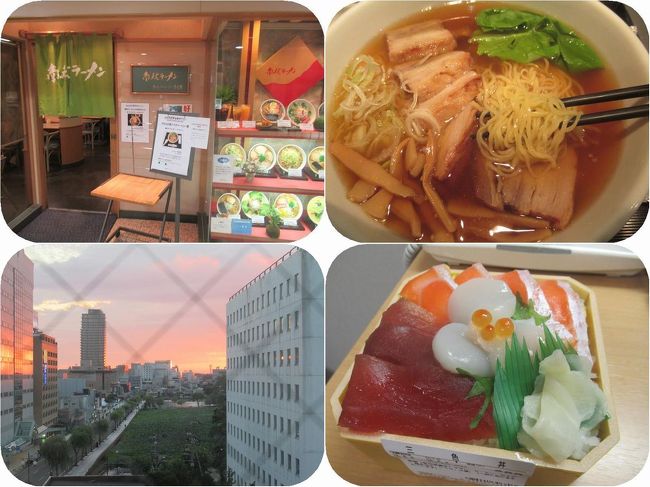 秋田でのお泊りは駅近くのコンフォートホテル秋田。ビジネスホテルですが、ツインルームにしたので広くて快適。<br />お部屋からは千秋公園のお堀が見えていました。<br /><br />ディナーはホテル近くの西武百貨店地下街にある南秋ラーメンというお店で県産豚のチャーシュー麺。<br />地下食品店街で海鮮丼を夜食に買って。<br /><br />翌朝はホテルの無料朝食を食べてお出かけです。<br />