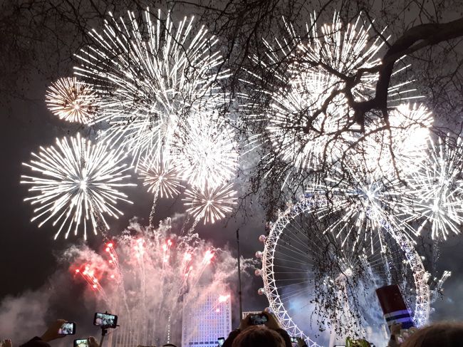 チケットを購入し、テムズ川岸で有名なロンドンのニューイヤー花火を見てきました。人がたくさんいて熱気に包まれていました。