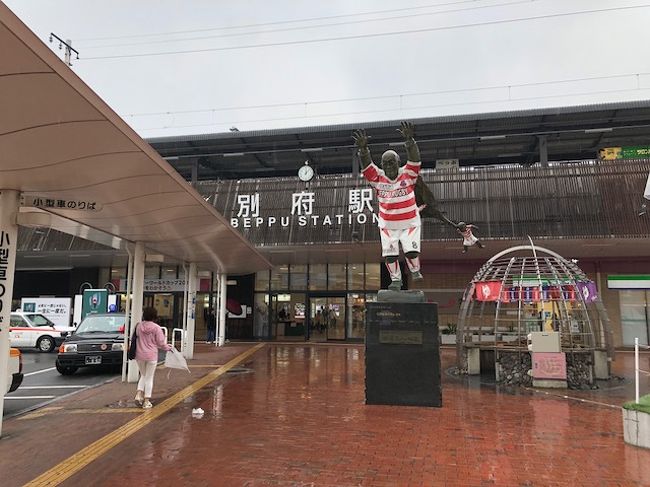 今年の６月に別府温泉へ行きました。<br />福岡観光と別府温泉セットで旅をしました。<br />別府に行ったのは２日目。<br /><br />小倉から特急ソニックに乗って別府へ。<br />別府駅に着き立ち寄り湯に。<br />駅近くの公衆浴場も良いと思いましたが、地元の方の憩いの場であり、マナーや敷居も高いと聞いていたので、観光温泉へ。本当は鉄輪温泉や明礬温泉へ行きたかったですが、帰りのフライトもありあまり時間が使えないので、駅から無料送迎バスがある某大型ホテルの温泉へ。<br /><br />この大型ホテル、本当に大きいです。<br />ホテルも大きいですが、お風呂も物凄く大きいです。<br />見晴らしも最高です。しかし、行った日は雨でしたので、心の目で別府湾や別府市街を観ました。<br /><br />旅情感はないですが、温泉を堪能で来て良かったです。<br /><br />その後、別府駅や市街地を散策し、遅いお昼ご飯は名物の「とり天」を頂きました。<br /><br />美味しかったです。<br /><br />大分空港へ向かい、飛行機で羽田へ。<br />次回、別府に来るときは別府単独で来て、湯めぐりでもしたいと思います。