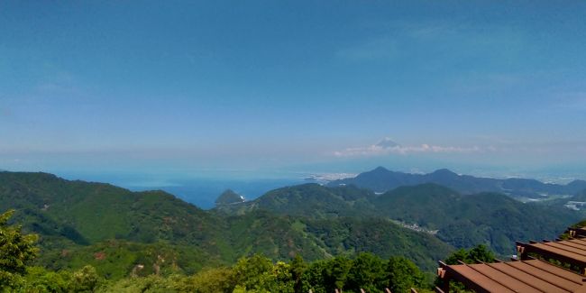 2019年の夏休み・・・<br />我が家としては、「初めての伊豆半島」に行って来ました。<br /><br />私は子供の頃に一度行ってはいるものの・・・多分あれは幼稚園の頃・・・ほぼ記憶無し(-_-;)<br />主人は初めての伊豆半島！<br /><br />地震が怖～い私達家族は、伊豆半島近辺には、なかなか近づけなかった！というのが本当のところです。<br /><br />息子達も独立し、一大決心し、いざ、伊豆半島へ！<br />海と山と峠越え・・・そして、たまーに雲の中から見えた富士山。<br />台風が接近している中、雨にも降られず楽しんで来ることができました。<br /><br />宿泊は、温泉ではなく・・・「東横イン富士山沼津駅北口２」<br />食事もご当地物にこだわらない我が家（笑）<br />この春、道の駅スタンプブックを購入したので、道の駅めぐりも兼ねています。<br />汗だくになって、本当によく歩いた伊豆旅行でした。<br /><br /><br />伊豆旅行２日目は<br /><br />堂ヶ島クルーズに行ってみたかった私。<br />「青の洞窟」を見てみたかった。<br />朝一番でクルーズの会社に電話しました。が、台風の影響で全便欠航！<br />仕方ありませんので、あきらめて・・・<br />次に行きたかった伊豆の国パノラマパークへ！<br />オープンの時間すぐに、伊豆の国パノラマパークへ行くことができました。