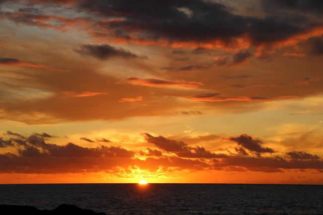 前回ハワイ島に出かけた際は、マウナケア山頂から眺める夕陽と星空観測が荒天で出来なかったため、そのリベンジとして5月にツアーを予約して出かけて来ました。<br />ところが何と、7月15日からマウナケア山頂の天体観測所建設反対運動の影響で道路が閉鎖され、山頂に登れなくなってしまいました。<br />そのため一番楽しみにしていたマウナケア山頂からの夕陽鑑賞が出来なくなり、またしても残念。<br />(今年はクロアチア ドゥヴロヴニクのスルジ山ロープウェイの運航停止と同様に、楽しみにしている所の観光が出来なくて本当に残念です。)<br />そのかわり夕陽と星空はとてもきれいに見られて感動しました。<br />今回の旅程は、<br />8月29日(木)伊丹空港から成田空港に移動し、そこからハワイ島コナへJAL直行便で移動し、コナ市街の散策。<br />8月30日(金)マサシネイチャースクールの『B級グルメと島一周ツアー』に参加し、ハワイ島の一周観光。<br />8月31日(土)午前中はコナ市街を散策し、午後からマサシネイチャースクールの『ビーチサンセットと星空ツアー』に参加。<br />9月1日(日)~2日(月)JALの直行便でコナから成田経由伊丹空港に移動して帰宅。<br />とても慌ただしい旅行でしたが、国際線JALの機体は座席が広く、それほど移動に疲れず帰国することが出来ました。<br />またこの旅行はHISのホテルと航空機の便だけが決まった格安ツアーだったので、現地のツアーは全て日本から個人でインターネット予約して出かけました。<br />今回は、旅行1日目の出国からコナ市内の散策を紹介します。<br />この日は天気が良く、宿泊したロイヤルコナリゾート ホテルから眺めた夕陽はとてもきれいでした。