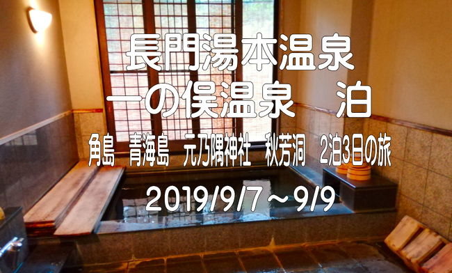 昨年は九州旅行。今年は何処へ行こうと考えていたところ、山口出身の後輩から「角島へ行ってみて下さい」と。<br />さっそく宿の予約を開始。楽天の￥１００００クーポンを使って予約したまでは良かったが、よくよく考えるとこの時期は秋雨前線が居座って雨が降りやすい。<br />１０日前から天気予報とにらめっこ。雨が降ったとき、晴れたときのそれぞれのプランを４つほど考える。<br />しかし、クーポンを使って予約を入れた宿が、観光予定地のど真ん中。でもどうしても泊まりたかった宿なので、結局は同じ道を行ったり来たりのプランになってしまいました。<br />でもでも、３日前まで曇り・雨マークだった天気はド！ピーカン。暑い熱い。おかげできれいな景色を見ることができて写真もたくさん撮れた旅行になりました。<br /><br />12：45　自宅出発<br />13：40　小谷SA　休憩　14：00<br />14：55　玖珂SA　休憩　15：00<br />16：00　美祢IC<br />16：15　道の駅　おふく　16：22<br />16：40　山村別館　しぇふず到着<br /><br />２日目<br />08：50　宿出発<br />09：10　センザキッチン到着<br />09：40　青海島巡り出港<br />11：00　着桟<br />11：15　秋吉台に向けて出発<br />11：55　秋芳洞エレベーター駐車場着<br />12：54　秋芳洞エレベーター駐車場出発<br />13：10　レストラン　ラルゴ　14：15<br />14：35　別府弁天池　14：51<br />16：00　一の俣観光ホテル　到着<br /><br />３日目<br />08：55　宿出発<br />09：02　一の俣桜公園（水没林）到着　09：12<br />09：50　角島大橋　10：15<br />10：30　角島灯台　10：55<br />11：00　お食事処おおはま　11：45<br />　　　　 道の駅しおかぜの里　12：00<br />12：45　元乃隅神社　13：25<br />14：11　ういろう　おほげつ　14：20<br />14：50　みとうSA　15：05<br />16：25　宮島SA　16：45　<br />工事渋滞で中国道に迂回<br />18：45　自宅到着<br />----------------------------<br />宿泊代（１日目）<br />基本料金　　￥41040（税込）<br />入湯税　　　￥    300<br />お酒　　　　￥  1145<br />楽天クーポン￥10000▲<br />小計　　　　￥32485<br /><br />宿泊代（２日目）<br />基本料金　　　　￥21600（税込）<br />入湯税　　　　　￥    300<br />お酒　　　　　　￥    713<br />じゃらんクーポン￥  3000▲<br />じゃらんポイント￥  1200▲<br />小計　　　　　　￥ 18413<br /><br />宿泊代合計　　　￥ 50898<br /><br />ーーーーーーーーーーーーーーーーー<br /><br />青海島観光汽船　￥　4000（JAF割引￥400）<br />秋芳洞　　　　　￥　2300（JAF割引￥100）<br />角島灯台駐車場　￥　  300<br />灯台拝観料　　　￥　  400<br />元乃隅神社駐車場￥　  300<br /><br />　　　　　合計　￥　7300<br /><br />ーーーーーーーーーーーーーーーーーー<br /><br />ラルゴ（昼食）　￥   2808<br />おおはま（昼食）￥　1900<br />その他　　　　　￥　2000程度<br />お土産　　　　　￥   5000<br /><br />　　　　　合計　￥ 11708　<br />　　　　　　　　　<br />ーーーーーーーーーーーーーーーーーーー<br />交通費　<br />ガソリン代　　   ￥10973<br />高速代　　　　   ￥  8500（ドラパス利用）<br /><br />　　　　　合計　￥19473<br />ーーーーーーーーーーーーーーーーーーー<br /><br />旅行代金合計　　￥89,379<br /><br />※その他、ちょこちょこ使ってます。<br /><br />走行キロ数：856km <br />ガソリン：　74.9L（岡山￥151/L）（山口￥144/L）<br />平均燃費：11.65ｋｍ/L（フェアレディZ33）<br />高速燃費：13ｋｍ/L<br /><br />