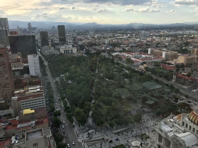 メキシコシティでの滞在時間は約20時間。このトランジットの時間を利用してのはじめてメキシコシティ観光。<br /><br />しかしその日はなんと独立記念日の前日！！<br /><br />地下鉄ソカロの駅は閉鎖され、大統領と独立記念日を祝う観衆が、ソカロの宮殿広場に集まります。<br /><br />観衆が暴徒化するかもしれない、、、テロリストの格好の目標にされるかもしれない、、、<br />世界の潮流は群衆の集まるところは避けるようにという流れになっています。<br /><br />が、この日、この時しか観光に当てられない私たちは、ソカロへ向かって行くしかないのです。<br /><br />写真はラテンアメリカタワーから撮った、アラメダ公園。