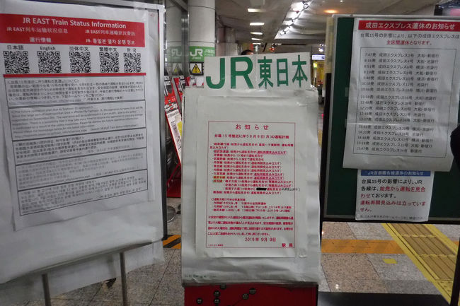 台風15号の影響でハワイアン航空235便は14時間遅れでホノルルを飛び立ち、9月9日朝、強風吹きすさぶ中かろうじて成田空港に着陸しました。<br />その後無事に入管、税関を通過。到着フロアに出てきました。<br />前日、ホノルル空港で夜明かししているのでようやく家に帰れると喜び勇んでJRの乗り場へ行くと・・・がーーん、台風の影響で運休とな。<br />それでもお昼過ぎには運転できるとのことでお気楽に待っていたら・・・あとは新聞やテレビで報道されたとおりです。<br /><br />鉄道やバスがいつ動き出すのかがわかっていれば次の行動に移れたのですが、とにかく情報が無く、空港内を右往左往するのみ、最終的にタクシーに乗って帰ってきましたが、2日間連続で空港で夜明かし。特に成田では横になることができず立ったままの夜明かしでした。ああ疲れた。<br /><br />しかし、家に帰ってみると千葉県は大停電。大変だったのはそれからで、成田での足止めはただの前哨戦に過ぎなかったのでした。<br /><br />□8月31日(土) 成田からホノルルへ。夜はフラダンスを見る。<br />□9月1日(日) ジョギング、アラモアナセンター、ワイキキ散策<br />□9月2日(月) ジョギング、イオラニ宮殿、カメハメハ大王<br />□9月3日(火) ジョギング、パールハーバー、韓国焼肉<br />□9月4日(水) レンタカーでダイヤモンドヘッド、カイルア、ノースショア、タンタラスの丘<br />□9月5日(木) ハナウマ湾、マカプウポイント、モアナルアガーデン、レンタカー返却<br />□9月6日(金) ダウンタウン、出雲大社、アロハタワー<br />□9月7日(土) ワイキキ散策、ホノルル空港から帰国のハズが・・・<br />□9月8日(日) 予定より15時間遅れで帰国の途。<br />■9月9日(月) 成田空港に着くが・・・<br />■9月10日(火) ようやく家に帰れた。