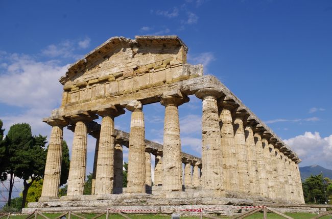 イタリア本土（シチリア島を除く）の全世界遺産を4回に分けてレンタカーで周遊しました。<br />今回の旅行記は、その2回目となります。今回の旅行期間は、往復の国際線を合わせて、10日間です。<br /><br />訪れた世界遺産は、バチカン市国が1カ所、イタリアが12カ所の合計13世界遺産です。<br />1つの世界遺産で複数の登録リストがある場合があるため、実際に訪問した世界遺産リストの数は、20か所を越えています。<br /><br />旅のスケジュールは、以下の通りです。<br />今回の旅行記の部分は★印で示しています。<br />ローマの主要観光スポットを2日間(2日目と8日目になっていますが、2日間連続だともう少し、廻れます)で巡る効率の良いルートだと思いますので、参考にしていただければ幸いです。<br /><br />01日目 成田→パり→ローマ<br />02日目 バチカン美術館（システィーナ礼拝堂「最後の審判」）→サン・ピエトロ広場→サン・ピエトロ大聖堂（ミケランジェロのクーポラからの眺望）→サンタンジェロ城→ナヴォーナ広場（「ムーア人の噴水」/ベルニーニ作「４大河の噴水」/「ネプチューンの噴水」→パンテオン→トレヴィの泉→スペイン広場（「バルカッチャの噴水」）<br />03日目 カゼルタの18世紀の王宮と公園（ディアナとアクタイオンの噴水（パオロ・ペルシコ、ブルネッリ、ピエトロ・ソローリの彫刻）／アフロディテとアドニスの噴水／イルカの噴水／アイオロスの噴水／セレスの噴水／ヴァンヴィテッリの水道橋→ナポリ国立考古博物館<br />04日目 Castel dell&#39;Ovo(ナポリ)→ヌオーヴォ城(ナポリ)→王宮(ナポリ)→ポンペイ<br />05日目 アマルフィー海岸→★パエストゥム<br />06日目 マテーラの洞窟住居→アルベロベッロのトゥルッリ→デル・モンテ城<br />07日目 ヴィッラ・アドリアーナ→ティヴォリのエステ家別荘<br />08日目 タルクィニア（モンテロッツィのネクロポリ）→チェルヴェーテリ（バンディタッチャのネクロポリ）→ローマ（コロッセオ→コンスタンティヌスの凱旋門→フォロ・ロマーノとパラティーノの丘→真実の口）<br />09日目 ローマ→フランクフルト→<br />10日目 成田<br />