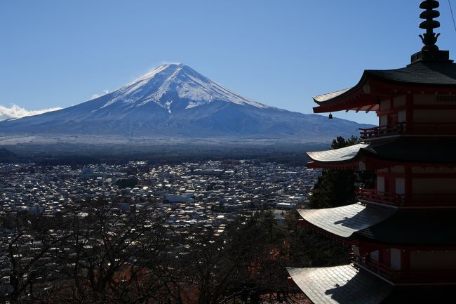 富士山と五重塔で有名な新倉山浅間公園へ初めて行ってきました。<br />ここへ行くのに車1台しか通れない狭い道で対向車が来ると動けなく<br />なります。<br />新倉山浅間神社があり、それから400段くらい階段を上ると忠霊塔の<br />五重塔があります。途中まで階段で上りましたが、階段で上るのは<br />つらいのでスロープに変えて登りました。ジグザクに登るので距離は<br />ありますが階段より楽で帰りもスロープで下りてきました。<br />