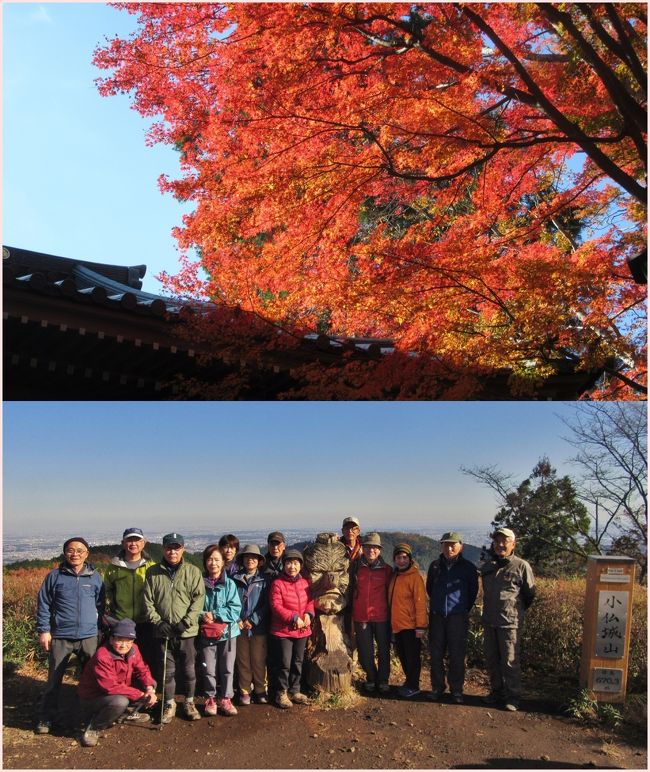 高尾山の紅葉と小仏城山 2019.11.29<br /><br />所沢市高齢者大学第36期 http://4travel.jp/travelogue/10670647<br />のハイキング倶楽部第59回行事は東京都八王子市の高尾山(たかおさん)と小仏城山(こぼとけしろやま)です。<br /><br />11月ハイキングクラブ59回計画書(高尾山)<br />標高 599m(京王線登山口 190m)<br />登山レベル初級:難易度2.0+α<br />標準歩行時間 4時間30分(登り1時間40分、下り2時間50分)<br />計画幹事 石井勝司さん(7班)<br />11月幹事 佐野さん(7班)、秋山さん(2班)、小布施さん(13班)<br /><br />陣馬山へのバス路線が不通のため、急遽高尾山に変更です。<br />【乗車経路】<br />往路 所沢8:04→8:11東村山8:14→8:27国分寺8:33→8:58JR高尾9:10→9:13京王線高尾山口駅 <br />復路 昼食後12:45下山、城山・小仏峠経由でJR相模湖駅へ向かいます。 <br />【行 程】 <br />今回は2号・3号路を通り山頂へ向かいます。 昼食:12時<br />昼食後下山、城山・小仏峠を通りその後はJR相模湖駅へ向かいます。 <br />ハイキング倶楽部ではこれまで4回の高尾山には行っています。現在6号路は閉鎖中、稲荷山コースは、通行は可能との事、口ぶりから避けたほうがよさそうです。<br />紅葉の美しい時期と思われますのでのんびり歩きましょう。<br /><br />陣馬山へのハイキング変更理由<br />当初の予定ではJR高尾駅~陣馬高原下までバスで移動する予定でしたが、台風19号の影響で道路が一部損壊し西東京バスへの電話で確認したところ道路の修復は11月中には無理との事。<br />現在バスは陣馬高原下へ行く途中の大久保バス停迄は運行している。徒歩で大久保から陣馬山まで歩いて行く人はいるが残りは約7kmあります。<br />2時間弱歩くため実施は無理でこれは断念。<br />JR藤野駅からバスで和田迄行きそこから陣馬山とも考えましたが神奈川中央西の平日のバスは藤野駅発7:25と8:10の2本しか無く時間的に無理が有るので担当幹事で相談の結果断念。<br /><br />反省会(納会)は所沢で開く予定です。<br /><br />────────────────────────────────<br />11月29日(金)晴れ 八王子の最高気温8.9℃(15時)<br /><br />10月のバス・ハイキング(西沢渓谷)は台風21号による天候不良のため日帰り温泉施設(やまなしフルーツ温泉ぷくぷく)とJAフルーツ山梨での買い物などに替えての実施となったので2ヶ月ぶりのハイキングとなった。<br /><br />今年の11月の天気は例年と異なり雨天が多く、この日は21日以来の晴天で、日ごろの行いのよさをお天道様が見ていたのかもと勝手に解釈した。<br /><br />昨年の高尾山ハイキングでは高尾山口での出発が早められて置いてかれてしまった苦い経験があるので少し早めに集合場所へ行くことにした。<br />今回は小手指から秋津、新秋津から武蔵野線で西国分寺、中央線に乗り換えて高尾、京王線に乗り換えて高尾山口のルートで3回乗換えで済んだ。<br />いつもは所沢、東村山、小川、国分寺、高尾と5回乗り換えていた。<br /><br />高尾山は紅葉の真っ盛りで、高尾山口駅前も多くのハイカーのグループで賑わっていた。<br />ケーブルカーの清滝駅へ向かう途中の川沿いの広場でいつものように準備体操を行った。ここでケーブルカーを利用する人と、ケーブルの高尾山駅まで6号路を登る人に分かれた。<br /><br />川岸のモミジの紅葉に太陽の光に透けてとてもきれいだった。<br />もみじまつりの開催中で、8日ぶりの晴天に恵まれたこの日は平日(金曜)ながら登山者は多く、通常30分間隔のケーブルカーは7分間隔で運転していいると放送していた。<br />それでも30分近く待たされそうだったので、平行に敷設された二人乗りリフトを利用した。空中散歩はとても寒く、ポケットから手袋を取り出して何とか我慢した。<br /><br />10時少し前にリフトの山上駅に着き、歩きのメンバーが到着するまで展望台からの景色を眺めたりした。よく晴れていたため、カメラを超望遠にするとうっすらとではあるがスカイツリーが見られ、撮影もできた。<br /><br />10時半少し前には全員がそろい、モグモグ休憩の後、人数を確認して高尾山頂を目指して出発した、と思ったが、私以外は薬王院と高尾山頂を迂回して進んだことが、後に城山に着いてからわかった。<br />出発時に、迂回するとの予定変更が全員に徹底されていなかった。<br />私は記録係で周囲の景色や標識(道標)などをも撮りながら歩くため、時々メンバーから離れてしまうのがよくなかった。<br /><br />薬王院の手前の女坂を歩くメンバーの後姿を撮って以降は見失ってしまった。薬王院に立ち寄り、高尾山頂に着いてあたりを見渡してもメンバーの姿がなかったので、かなり必死で後を追い、一丁平を経て休まずに進み、ちょうど12時に城山に着いた。<br />そこで金原さんからの電話を受け、皆が一丁平にいることがわかった。<br />他のメンバーより30分近く先に着てしまったことがわかり、弁当を食べながら待った。<br />12時半には全員が城山に到着し、野外のテーブルで日差しを受けながらの昼食を摂った。遠くに雪をかぶった富士山も見えた。<br />広場の東側の小仏城山の標識を入れて記録写真を撮り、13時に出発した。<br />下山路は小仏峠には寄らずに、相模湖(駅)を目指してひたすら、ほぼ緩やかな勾配の山道を下った。<br />途中の開けたところからは雪をいただいた富士山がくっきりと見えた。<br />城山から相模湖駅までは約5キロで、JR相模湖駅には15時少し過ぎに着いた。<br />相模湖発15:15の電車で、高尾、国分寺、東村山で乗り換え、所沢駅には<br />16時20分に到着した。<br />プロペ通りの食堂での反省会には短縮コースを選んだメンバーも加わり、令和元年最後のハイキングの思い出や近況など語り合って楽しいひと時であった。<br />幹事さんの、予定変更を含めた周到な準備と案内で、天気にも恵まれ、充実したハイキングができました。高尾山の薬王院山門(楼門)の燃えるようなモミジが印象に残りました。(表紙写真)<br />皆さん、ありがとうございました。<br /><br />歩数計記録 <br />オムロンHJ-325 22,312歩(小手指駅5分の自宅から往復)<br />携帯シャープ SH-01J 25,003歩 (同上)<br /><br />令和元年11月ハイキング参加者18名 内女性8名 数字は高大の班名<br />Aグループ 秋山2、新井3、佐野7、高橋16、丸岡2、土屋12 <br />Bグループ 金原13、岸5、北原16、古賀8、山田洋4、武田2<br />Cグループ 石井勝司7、小田切7、小布施13、加藤8、川村8、森田14<br /><br />反省会参加者 17名 会費2,500円<br /><br />撮影 <br />CANON PowerShot SX610HS<br />ハイキング倶楽部の写真・記録係として撮るので集合写真以外はメンバーの行動を勝手に記録しています。<br /><br />横長の画像をクリックすると2倍に拡大でき、→キーで次ぎが見られます。<br /><br />■アーカイブ:平成30年以降のハイキング旅行記<br />ハイキング倶楽部 第43回 日和田山・物見山・啓明荘 <br />https://4travel.jp/travelogue/11333663<br />ハイキング倶楽部 第44回 顔振峠~越生梅林<br />https://4travel.jp/travelogue/11338124<br />ハイキング倶楽部 第45回 八王子城跡自然公園 <br />https://4travel.jp/travelogue/11352948<br />ハイキング倶楽部 第48回 麦草峠・白駒池<br />https://4travel.jp/travelogue/11384038<br />ハイキング倶楽部 第49回 高尾山~景信山 <br />https://4travel.jp/travelogue/11407839<br />ハイキング倶楽部 第52回 日向山~きのこ茶屋 <br />https://4travel.jp/travelogue/11460442<br />ハイキング倶楽部 第54回 秋川渓谷~瀬音の湯 <br />https://4travel.jp/travelogue/11484793<br />ハイキング倶楽部第55回 天空のポピーと大霧山<br />https://4travel.jp/travelogue/11501409<br />ハイキング倶楽部第56回 御岳ロックガーデン <br />https://4travel.jp/travelogue/11522091<br />ハイキング倶楽部第58回 西沢渓谷バスハイク <br />https://4travel.jp/travelogue/11559313<br />欠番は私が不参加の回です。<br /><br />高尾山ハイキングの記録<br />ハイキング倶楽部 第1回 高尾山 2012.9.28<br />https://4travel.jp/travelogue/10712117<br />ハイキング倶楽部 第10回 高尾山 2013.11.22<br />私が不参加のためブログはありません。<br />ハイキング倶楽部第35回 高尾山極楽コース 2017.3.31<br />https://4travel.jp/travelogue/11228218<br />ハイキング倶楽部第49回 高尾山~景信山 2018.9.28<br />https://4travel.jp/travelogue/11407839<br /><br />次回の計画(ハイキング倶楽部2020年総会)<br />1. 日時 2020年2月28日(金)<br />2. 場所 きのこ茶屋(芦ヶ久保)昨年と同じ<br />3. 行程 芦ヶ久保駅~日向山~きのこ茶屋(餅つき、BBQ、総会)<br /> ~帰路~芦ヶ久保駅<br />4. 費用 約3,000円<br /><br />編集後記<br />薬王院山門(楼門)の燃え上がるような紅葉を見たとき、何年か前に訪ねた三峰神社の紅葉を思い出しました。<br />https://cdn.4travel.jp/img/tcs/t/pict/src/27/18/82/src_27188220.jpg?1445944424<br />https://4travel.jp/travelogue/10724628<br /><br />