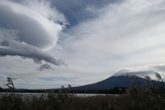 2019年11月7日-10日、山梨県の山中湖と河口湖に行きました♪<br /><br />☆Vol.5：河口湖♪<br />河口湖畔の大石公園。。<br />その隣に富士大石ハナテラスがオープンした。<br />いわゆるショッピングモールであるが、<br />10店以下と小規模。<br />エントランスから入ると店がそれぞれ独立した一軒家が多く、<br />その間の空間は広く、<br />小川が流れる庭園となっている。<br />自然と一体化したコンセプトは素晴らしい。<br />眺望のいいテラスのピザ屋があるが、<br />風が強いので無理。<br />風の無いT’s cafeでホットサングリアとチーズカレー焼きのランチを頂いたら、<br />晩秋の庭園を愛でながら、<br />ショッピング。<br />個性的な店がほとんどでどちらかというと外国観光客には受けそうな内容。<br />12月にイタリアへ行くのでお土産に買っていく。<br />そして湖畔へ行き、富士山を眺める。<br />富士山は笠雲を被っている。<br />また、その横に巨大な円盤状の雲が出現していわゆる吊し雲。<br />天気が悪くなる予兆。<br />ゆったりと眺めて♪