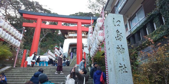 神奈川に帰省するにあたり、初詣も兼ねて御朱印をもらいに行きました。<br /><br />江の島の岩屋まで行こうとすると石段昇って下って昇りでした。<br />体力の無くなった私には地獄でした。<br /><br />私が考えるベストな選択は<br />車なら片瀬江ノ島駅の近くの駐車場に停めて<br />電車できたひとと江の島弁天橋を渡る。<br /><br />エスカーのセット券を買ってエスカレーターで上まで行く。<br />展望台のシーキャンドルも入れるので楽してお得。<br /><br />岩屋を入洞した後は稚児が淵から出ている遊覧船で弁天橋中腹まで乗って帰る。(最終便に気を付ける)<br />帰りは参道を通らないのでお買い物は行きに済ませておく。<br /><br /><br /><br />