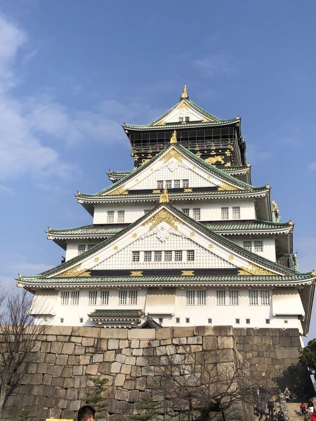 2020年1月４日大阪城に行きました<br />大阪から令和2年のスタートです。<br />雨の富山から、京都辺りまで　雨が降るのか降らないのか？というお天気に対し、大阪は快晴で気持ちが良い。自分は旅の間は晴れ女なので、大阪に着くと晴れる！とは思っていましたが、こんな良い青空になるとは思いもよりませんでした。<br />ラッキーでした。<br />大阪城に入る前に　豊国神社へ立ち寄りましたが、おみくじで、イマイチになり、気分が悪くなりました。一緒に行った息子もイマイチなおみくじに当り、親子でガックリです。<br />大阪城は最新の技術の階段なので楽に登れますし、エレベータもありました。障害者の皆様にも良い城です<br />