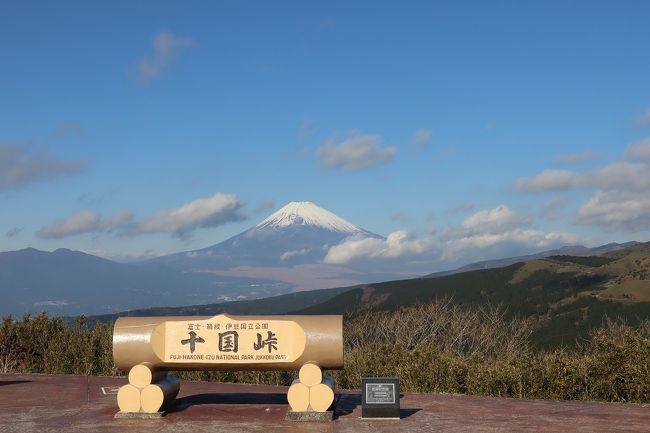 空気の澄んだ冬の朝、富士山の絶景を求めて、十国峠に行ってきました。<br />熱海から路線バスで４０分、更にケーブルカーで山頂へ。箱根と相模湾との間にある山の峰の一つが十国峠です。<br /><br />相模、伊豆、遠江、甲斐など、十か国が見渡せる場所にあることから、この名前がついたとか。山頂の展望台には１０の国の方角が、足跡で印されていました。実際に相模の足跡の場所に立つと、正面に真鶴半島、相模湾が。この日は、６か国ほどが見えました。（さすがに安房や下総は、よほど晴れていないと厳しいそう）　そして、甲斐の方角には富士山が裾野からくっきり。<br /><br />熱海からの路線バスは、十国峠を通って箱根に下っていくルートが人気ですが、まだ昨年の台風の影響で十国峠から箱根への道は通行止めのまま。そのためか、十国峠の展望台やレストハウスは、閑散としていました。<br />