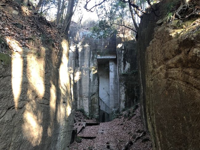    一度は行ってみたかった藪塚石切場跡に行ってみました。大谷石の石切場跡は観光地化して有名になっていますが、藪塚石切場跡はマニアックな石切場跡として訪れる人も少なく、静謐な雰囲気が保たれています。とはいえ、観光地化されていない、ということはわかりづらいということを意味します。動線が藪塚温泉から来る人を想定していない、というのがポイント。温泉街から来る人とは逆の動線で案内板があるのが曲者でした。<br />   藪塚温泉神社が藪塚石切場跡に向かう徒歩の起点。神社に駐車場があるかと思って行きましたが、車を停める場所がありませんでした。仕方なく、悪いとはしりつも、ホテルふせじまの駐車場に車を停めました。<br />   藪塚温泉神社にお参りをした後、藪塚石切場跡に向かいます。しかし、これがわかりづらい。道を間違えること三回。最後はグーグルマップのお世話になりました。<br />    ようやくたどり着いた藪塚石切場跡。<br />    三連休の最終日でしたが、他に見物客はおらず、遠くで鳴く鳥の声以外は静寂に包まれています。<br />   風が木の葉を触る音を立てており、全くの無音ではないのですが、不思議と「シーン」という擬態語が似合うと空間になっていました。ラピュタ感が溢れるのは木の葉と樹々。夏ではなく、秋から冬にかけての雰囲気が美しいであろうことは容易に想像できます。<br />    石壁と樹々。<br />   ラピュタ感が漂う空間でした、