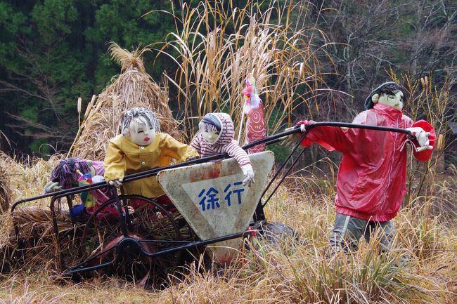 ２０１９年の年末に徳島県三好市の奥祖谷（いや）と呼ばれる地域を訪れました。<br />高知から大歩危（おおぼけ）経由で、「かずら橋」の先にある奥祖谷へ。<br />祖谷川に沿ったぐねぐねとした国道を走っていると、両側に迫りくる斜面の上方に<br />古い家々が散見されます。<br />その中でも有名なのが落合集落です。<br />高低差３９０ｍに渡って点在する集落がまとまって見えるのです。<br />川を挟んで反対側の集落に展望台があり、そこからの眺めはすごいとしか<br />言いようがありません。<br />ちょうど冬枯れで、民家の周りが茶色く見えて、集落の全体がはっきりわかります。<br />いい時期でした。<br />そこから更に東に行くと、集落はますます少なくなり、寂しくなって来た頃に<br />突然「祖谷かかし村」の看板が現れます。<br />限界集落である名頃（なごろ）のあちこちに等身大の人形が置かれています。<br />２０１４年に訪れたドイツ人の学生によって世界に紹介されて一躍有名になりました。<br />私はたまたま２００９年にこの集落を通りかかり、<br />既にたくさんあったかかしに驚いて立ち寄りました。<br />あれから１０年が経ち、かかしたちも随分様変わりしたようです。<br />その対比も取り入れながら紹介します。<br />