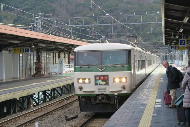 暖冬で河津桜も咲き始めた南伊豆。よりによって旅行の日に寒波と南岸低気圧の来襲で伊豆箱根は雪予報。御殿場や天城峠は確実にチェーン規制のようだし、東伊豆海岸も場所によっては危ない。ということで今回は電車。東京から伊豆へのポピュラーな方法といえばJRの特急踊り子号です。都内に住む前は熱海と東京の間くらいの沿岸の町に住んでいて、東海道線を走る踊り子号は見慣れた電車でしたが、最寄り駅は通過することもあり（多分）乗ったことはない。なんと人生初の踊り子乗車。踊り子誕生前の急行伊豆には乗ったような気もするが。よくよく調べてみると現在も走る踊り子号の車両は（国鉄時代に作られた185系）、近々引退という話。この車両自体は通勤の普通列車や湘南ライナーで年間数百回は乗っていた時期もあるおなじみさんなのです。特急踊り子誕生時からの車両にこの時期に特急として乗ることになるとは何かのご縁ですかね。まもなくデビュー40年になろうかというアラフォー踊り子さんでの旅行記です。