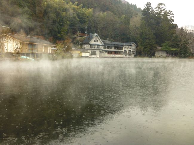 寒い冬は温泉！と前から行ってみたかった湯布院温泉、別府温泉へ。<br />他にどこ行こうか？と前々からいつになく入念に予定を立てていたのだけど、直前になって体調をくずしたり、天気予報は傘マークばかりで、テンションが下がっちゃって、「まあ、とりあえず行ってこよう」と出かけた。<br /><br />でも、なるべく歩きたくない、早く車に・・なんてやってたから、行けなかったところ、見逃した物がいっぱいで、またリベンジしたい。<br /><br />２２日<br /><br />大分空港からレンタカーで湯布院へ向かう。やっぱりずっと雨・・。<br />湯布院では金鱗湖や湯の坪街道を散策。<br />そして、ネコカフェでまったり・・。<br />