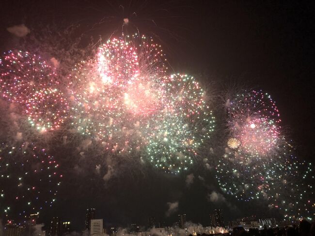 関西の花火大会の中でも、大規模な「なにわ淀川花火大会」。<br />私達が大阪にいた25年前頃は、大阪の花火と言えばPL、弁天さん、そして天神祭でした。<br />淀川の花火大会は、当時無かったように思います。<br /><br />昨年帰ってきて、TVで生中継をしているのを見て、奥様と「凄いね、近くで見てみたいね。」と話していたのですが、最近の花火大会は有料観覧席なるものが多くなってきて、この大会でもいろいろな種類が発売されてるようです。<br />毎年、早い段階で完売という事なので、アンテナを張って発売開始と同時に予約いたしました。<br /><br />花火見るのも有料席予約なんだ・・・、都会は違うな、と思っていましたが、実際に真近で見ると、その大迫力に圧倒されました。<br />特に、最後のスターマインは、その夜の夢に出てきました。<br /><br />昨年初めて見た宝塚歌劇で、ドキュンと撃ち抜かれた綺咲 愛里様の最後の公演を観劇後に向かう事としました。<br />綺咲 愛里様に撃ち抜かれた旅行記↓<br />https://4travel.jp/travelogue/11465975<br /><br />宝塚の煌びやかな余韻の中、宝塚南口から十三に向かい、18時30分に会場到着、19:40開始の光と音の競演を楽しんできました。<br /><br />1時間ほどのショー終了後は、十三駅周辺大混雑。<br />少し喫茶店で休憩し、帰路につきました。<br /><br />また、2020の開催を心待ちにしております。<br /><br />フィナーレの花火です。<br />https://youtu.be/gs5vqBHFx9Q
