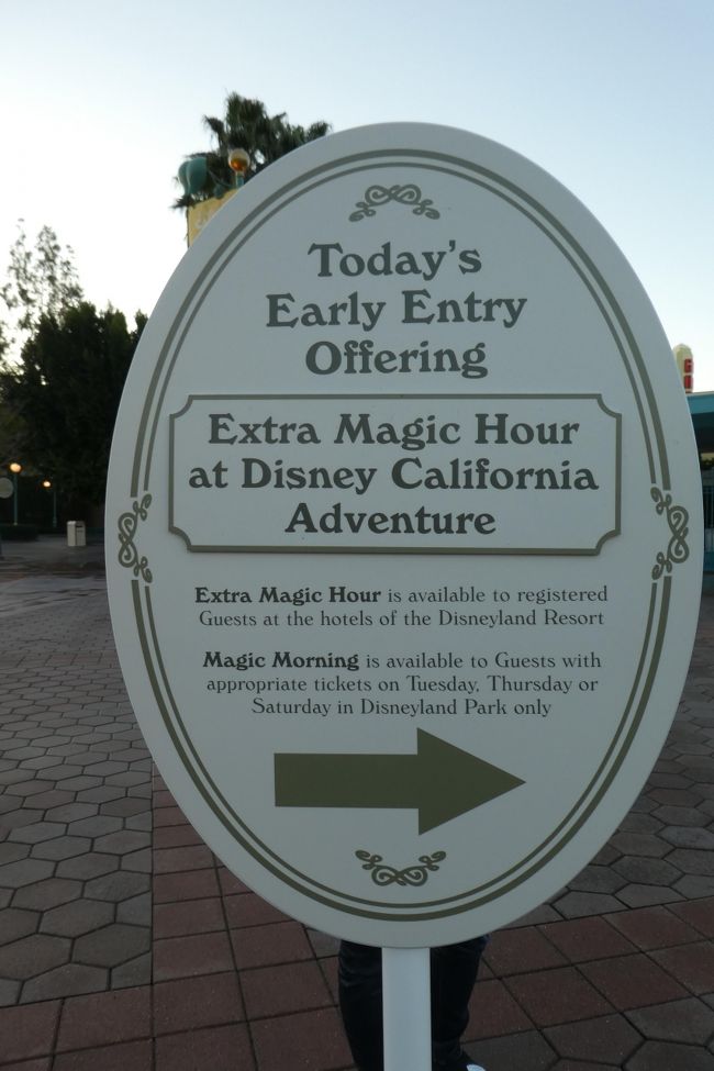 アナハイムディズニー2日目、金曜日<br />この日のパークはDL 8:00~24:00、DCA 8:00~23:00<br /><br />エクストラマジックアワーでDCAが7時オープンなので、5時半起きで準備して6時半過ぎにホテル出発。<br />パラダイスピアホテルから徒歩で5分位のところにダウンタウンディズニー入り口のセキュリティー。<br />バックパックのファスナーは全部オープン、カメラケースの中もチェック。<br />化粧ポーチとかは全部クリアポーチに入れていったので、ポーチ類のチェックは簡単!<br />持ち物チェックの後、空港のセキュリティーと同じような金属探知のゲートをくぐってチェック終了。<br /><br /><br />2/6(木) 関西国際空港 17:40発(JL60)→ロサンゼルス空港 同日10:50着<br /> Uberでアナハイムまで移動、午後からディズニーへ<br />2/7(金) アナハイムディズニー<br />2/8(土) アナハイムディズニー<br />2/9(日) PCHで朝食後、ホテルチェックアウト→Uberでユニバーサルシティへ移動<br /> ハリウッドエリア散策<br />2/10(月) ユニバーサルスタジオハリウッド<br />2/11(火) KARMEL SHUTTLEでロサンゼルス空港まで移動<br /> ロサンゼルス空港 12:45発(JL69)<br />2/12(水) 関西国際空港 18:15着