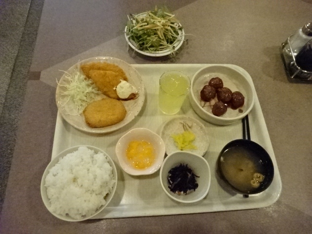定年後、無職になった私の6度目の青春18キップ、トップバッターは8年ぶりの倉敷です。<br />両親が岡山出身の私、子供のころ毎年夏休みに岡山に帰省していました。<br />今回は亡き母親が通学した倉敷青陵高校のある倉敷に4泊し、備中高梁や津山を観光する基地にしました。<br />4泊もする宿は慎重に選択しました。<br />なにせ定年後の無職で無収入の私、安くてもコスパの高い宿を探しました。<br />その結果8年前に3泊した岡山ユニバーサルホテルの同系列の倉敷駅前ユニバーサルホテルに決定しました。<br />理由は税込で1泊5000円を切っているのに2食付き。<br />人工温泉大浴場もある。<br />4泊して、大成功でした。<br />表紙は日替定食の夕食です。<br />サラダはサラダバーで、お替り自由です。<br />フルーツジュースもドリンクバーで飲み放題です。<br />満腹になる夕食です!