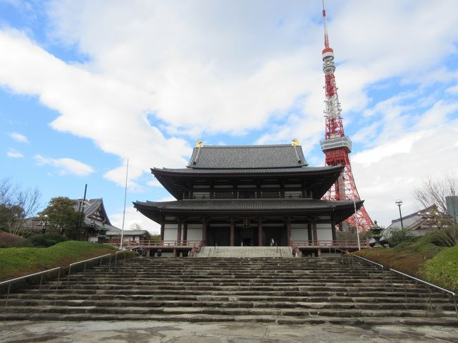 今まで何回かお参りしたり、散策で寄った増上寺をゆっくり見て回りました。黒門から入り、三解脱門と見比べたり、石碑を一つ一つ見ながら大殿へ行きました。安国殿や千躰子育地蔵尊にお参りして大殿の裏を歩きました。今まで鋳抜門から先に行ったことはなかったので、今回その先まで歩きぐるっと一周しました。それぞれの説明板で由来を知りながら歩きました。境内は広く少し疲れました。戦災後篤い信仰により建築物や木々が現在の増上寺の姿を造ってきたことを知りました。東京タワーが背景に見えるのも特徴です。人がいない場所があり静かな時を過ごしました。