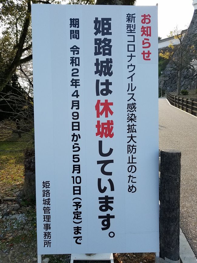 今日、「緊急事態宣言」が発効。<br /><br />各所で自粛ですが、お城の閉鎖を「休城」と呼ぶ事は初めて知りました。<br /><br />姫路城の桜開花シーズンは例年、大変な人出なのですが今年は自粛しているそうなので早速、実情を視察。<br /><br />このシーズンでは考えられない閑散さですが、写真撮影にはベストです。<br /><br />「桜に城」は見応えがありますし、来場者が少ないので写真を撮る時に人が映り込まないことは特筆すべきです。<br /><br />また「緊急事態宣言の発出」は強制力がないので効果は期待できない、という政治家等の意見がありますが、そういう連中は「緊急事態の布告」を、そして最終的に憲法改正を画策しているのかも知れません。<br /><br /><br /><br /><br /><br /><br /><br />