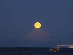 富士山頂に満月が沈む日