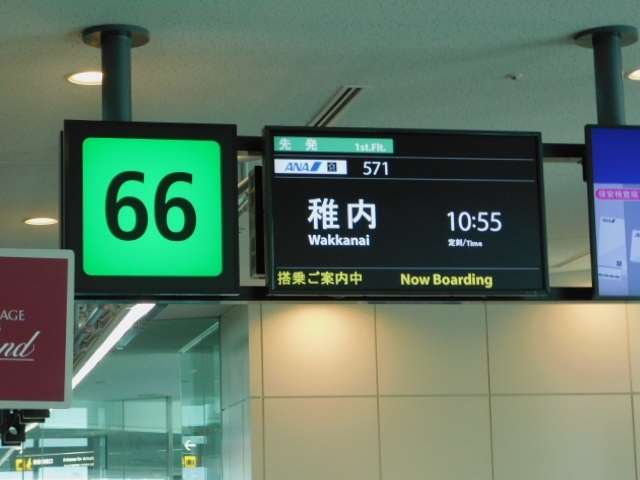 おきなわから日本最北端の空港、<br />ANA５７１便での稚内への旅。<br /><br />羽田空港から稚内空港までは６７９マイルです。<br /><br />途中、羽田空港で２５分のトランジェット。<br />那覇便から降りてくると、搭乗ゲート付近に地上職員の方が待っておられました。それから、バスに誘導され、稚内便の近くのゲートまで、連れて行ってくれました。<br /><br />ところで、以前、地元の図書館で、『お客さまはぬいぐるみ』という本を借りたことがありました。そこで、持ち主のぬいぐるみが代わりに、旅をしてきて、目的地の観光地で記念撮影するという企画をするものでした。<br /><br />それを読んでから、アヒルのつばさの旅でも、旅の企画として、ぬいぐるみのスワンちゃん＆ブラックスワンさんを連れて、飛行機旅をすることにしました。<br /><br />何か、一緒に旅をしているような気分になるので、とても不思議なキモチになりました。これも、新しい旅のスタイルになるのではないかと思っております。<br />
