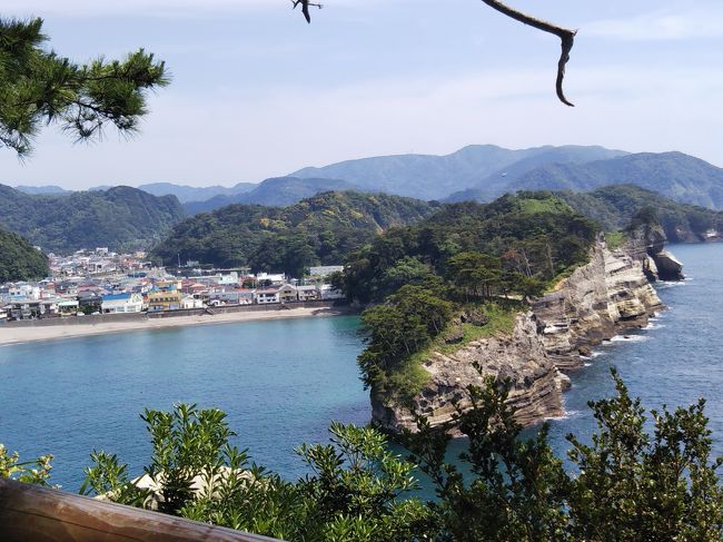 久しぶりのお泊まり旅行。県内宿泊のクーポンも始まった。<br />今回は土肥温泉泊。<br />表紙の写真は堂ヶ島。梅雨の中休みか?晴れの行楽日和。<br />ルートはお気に入りの伊豆縦貫道から天城越え、下田経由で西海岸へ。<br />何と言っても道路が空いている。<br />途中対向車を数えたら、30分間に10台だった。<br />車の運転は苦手だけど、すれ違いができる山道は苦にならない。<br />快適すぎるほど。<br />夏のような日差しで、青空も広がり、海もきれい。最高のドライブ。<br /><br />途中、オープンしたばかりの波勝崎のモンキーベイに寄るつもりだったが、行ってみたら、駐車場から海岸までかなりの坂道。<br />高齢者2人にはきついことが分かり、入り口でUターン。<br />売店にも入場券を買わないと入れないシステムはいかがなものかと?<br />もう1組のカップルも入らずUターンしていた。<br />他に駐車場に車は無かったから、やっていけるのか心配になった。<br />ただでさえ、過疎の西伊豆、観光客が無ければ、お店も開けない。<br />お昼を食べる所が無くて、道の駅でお弁当を購入、外のベンチで食べることに。<br />堂ヶ島もまだ営業していなくて、どこも閑散としていた。<br />人と会わなければ、安心かな?