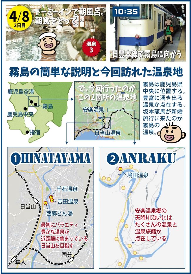 2017年4月に行った指宿、開聞岳、霧島の後半です。<br />男一人旅なので、贅沢はせず、たくさんの温泉につかることを目的にしました。<br />2泊3日の旅で7つの温泉に浸かりました。