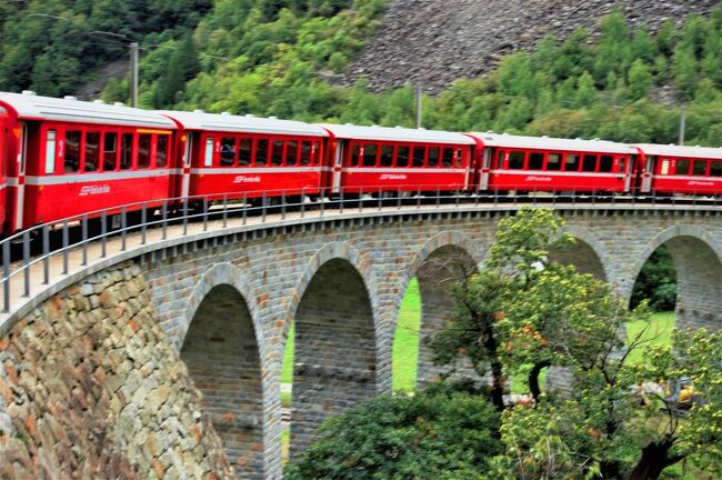 昨日は、マッターホルン・ゴッタルド鉄道の路線を Oberwaldから Realp DFBまでフルカ山岳蒸気機関車に乗車してクール駅前のABC スイス クオリティ ホテルに宿泊しました。<br />今日までの2泊の予約で、今日はクールからイタリア側のティラーノまでレーティッシュ鉄道ベルニナ線で景観を楽しむことにしています。<br />この路線は「ベルニナ・エクスプレス」を予約する旅行者が多いと思いますが、ここは敢えて景観列車ではなく通常の列車に乗る計画を立てていました。<br />理由としては<br />①一番の目的がブルージオのループ橋に行くこと<br />②パノラマ展望車両は窓が開かなくてガラス越しの写真しか撮れないこと<br />が主な理由です。<br /><br />今日のチケットも事前に SBB の HP から Saver Day Pass 1等（1日の乗り放題）を 49ユーロ（Half-Fare travelcard あり）で購入していました。この日も枚数限定の争奪戦に勝利をしたということです。<br />Chur から Tirano まで乗り換えなしでも4時間以上かかります。<br />途中で Brusio に下車するために SamedanとPontresinaで普通列車に乗り換えました。<br />往復すると9時間くらいかかります。<br />Tiranoではあまりゆっくり観光する時間がありませんが、カーブの多いスイス鉄道路線仕方ありません。<br /><br />ブルージオ橋<br />絶景パノラマ鉄道「ベルニナ・エクスプレス」も走る、世界遺産に認定されたレーティッシュ鉄道ベルニナ線のハイライトでもある鉄道建築。<br />落石の危険がある山間の狭い谷で、昔からの道路や農家の耕作地を守りながら、最後の高度を調整するという難題に答えて完成した、世界でも類を見ない360度ループの石橋です。<br />長さ約142.8メートル。円を描きながら列車は走り、約10メートルの高度を調整していきます。 約1800mの高低差のあるルートを歯車式（ラックレール）登山鉄道ではなく、通常レール（粘着式）で克服したアルプスの山岳鉄道の傑作といわれるベルニナ線の象徴ともいえるループ橋です。<br />（スイス政府観光局HPより）<br /><br />日程<br />8/26　出国<br />8/27　チューリッヒ到着　ツェルマットへ　ツェルマット4泊<br />8/28～8/30 ツェルマット滞在<br />8/31　ツェルマット→クール　フルカ山岳蒸気鉄道乗車　クール2泊<br />9/01　クール→ティラーノ→クール　ブルージオのループ橋で写真撮影　<br />9/02　クール→チューリッヒ　チューリッヒ2泊<br />9/03　チューリッヒ観光<br />9/04　出国<br />9/05　帰国