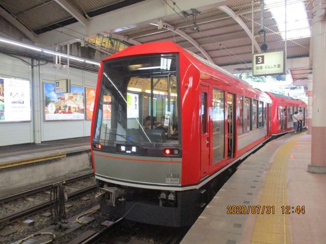 GOTOキャンペーンを利用して、安・近・短・の箱根に出掛けました。利用してと言っても手探りです。ホテルから宿泊証明書を頂いただけで手続きは未だ保留中です。天気図を見ると梅雨明け真近かの気圧配置になりましたが小雨交じりの天気でした。この旅行記を書いている今日は梅雨明けになりました。数えきれないほどの「箱根」の旅です。ホテルの温泉と、食事のバイキングを楽しむことのノンビリ旅でした。翌日は雨が上がったので旧東海道「石畳」の道を少しだけ歩きました。<br /> 台風被害で損壊した「箱根鉄道・登山電車」が開通。「箱根湯本~強羅」の間です。乗りませでしたが写真だけ撮影。新車でした。