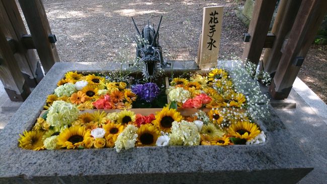 新型コロナウイルスの感染防止のため神社の入り口にある手水の使用ができなくなりました。使わないのならば手水鉢に花を生けようという取り組みが初めて行われました。花で受けつくされた手水鉢。全部で9か所ある神社をすべて回ります。